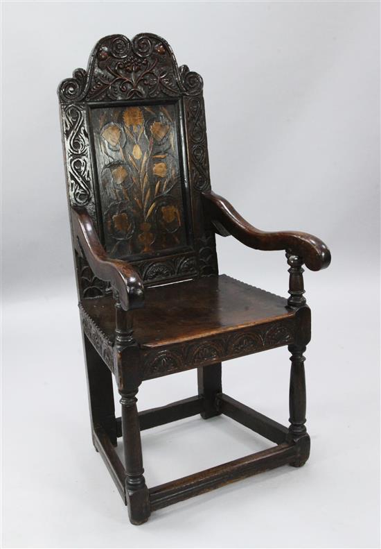 An early 18th century Yorkshire region oak joined armchair, W.1ft 8in. H.4ft